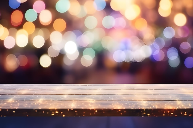 Holztischplatte in unscharfem Hintergrundfarb-Bokeh mit leerem Kopierraum