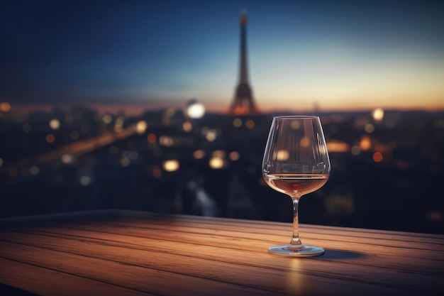 Holztischplatte mit einem Glas Wein und einem verschwommenen Paris im Hintergrund
