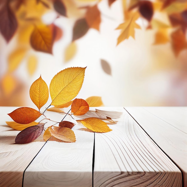 Holztischplatte mit generativer KI für Herbstblätter