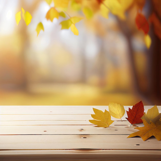 Holztischplatte mit generativer KI für Herbstblätter