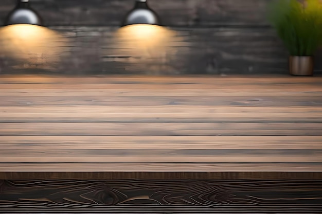 Holztischplatte mit Lichtern Bokeh Küchenhintergrund