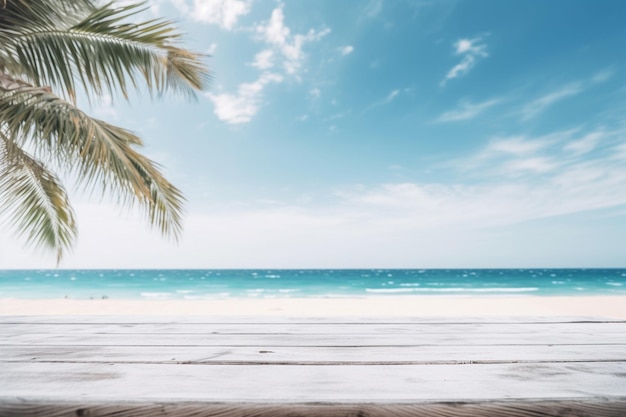 Holztischplatte mit Sommerstrand-Hintergrund, erstellt mit generativer KI