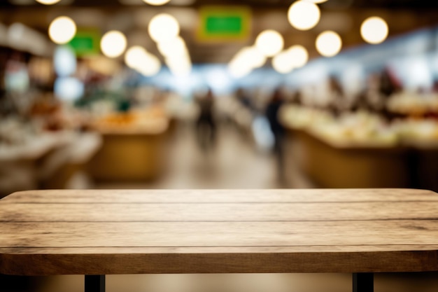 Holztischplatte mit verschwommenem Food-Court-Hintergrund in einem Einkaufszentrum Zur Montage oder Produktpräsentation