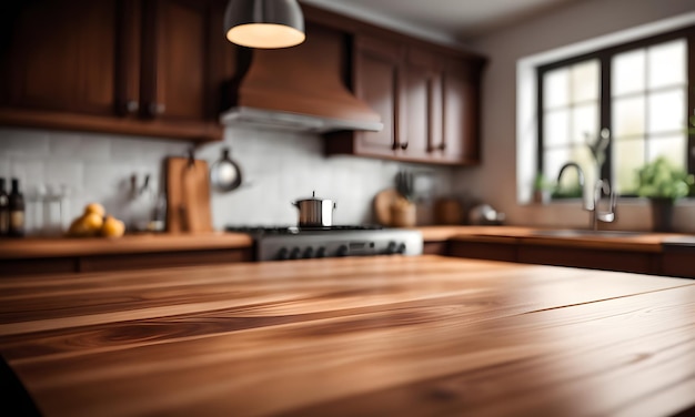 Holztischplatte vor verschwommenem Küchenhintergrund zur Präsentation von Produkten oder zur Gestaltung visueller Elemente