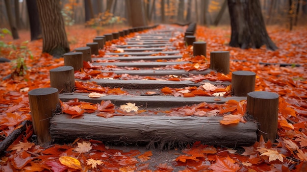 Holztreppe inmitten von Herbstblättern im Wald