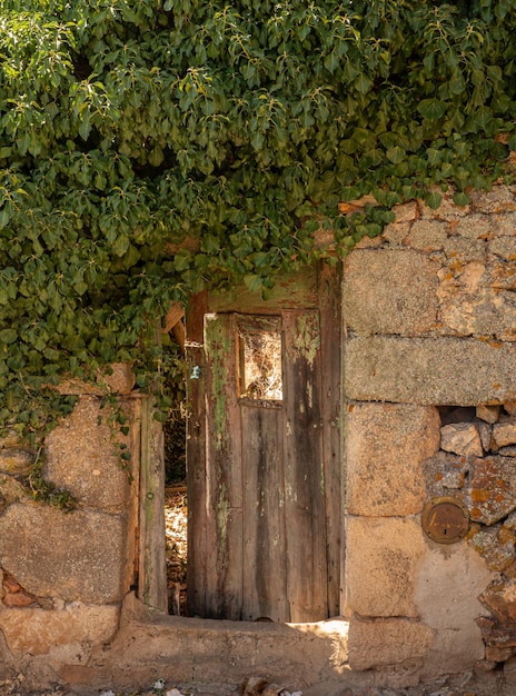 Holztür zum Garten des Steinhauses in der antiken Stadt Castelo Rodrigo in Portugal