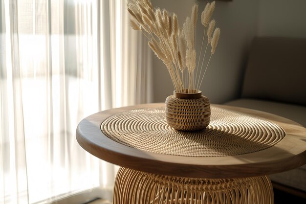 Foto holzvase mit trockenen stacheln auf dem tisch im wohnzimmer