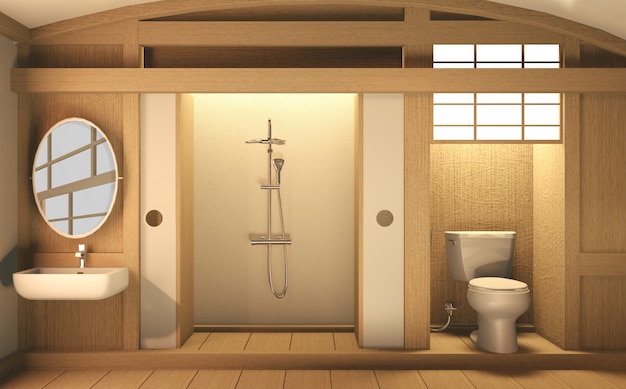 Holzwand und -boden des Zen-Designbadezimmers - japanischer Stil. 3D-Rendering