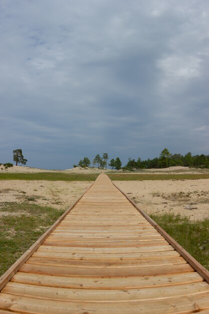 Holzweg, der sich an einem wolkigen Tag über den Horizont hinaus erstreckt und von Gras und Sand umgeben ist