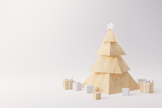 Holzweihnachtsbaum mit Geschenken auf weißem Hintergrund. Schöne Ferien.