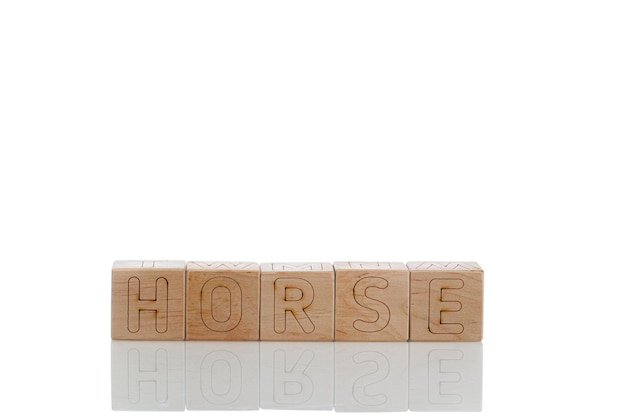 Holzwürfel mit Buchstaben Pferd auf weißem Hintergrund
