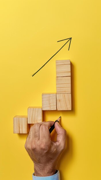 Holzwürfel mit wachsendem Pfeil auf gelbem Hintergrund Unternehmenswachstumskonzept