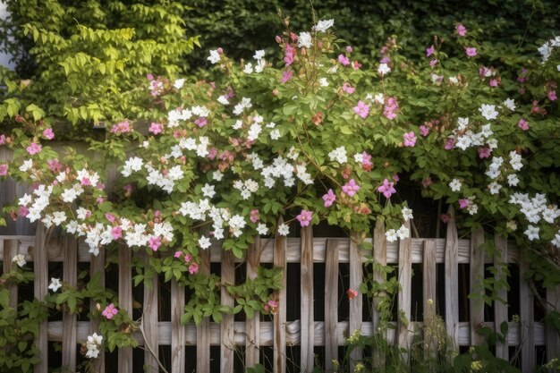 Holzzaun mit Kletterpflanzen und blühenden Blumen