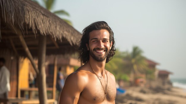 Hombre de 30 años en Goa disfrutando de la brisa del mar en ropa de playa