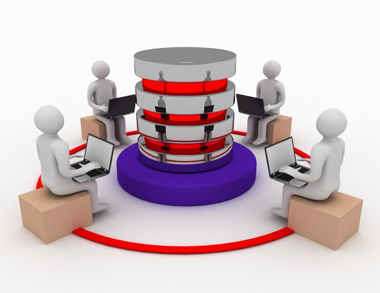 Foto hombre 3d con ordenador portátil conectado al servidor de datos. concepto de datos