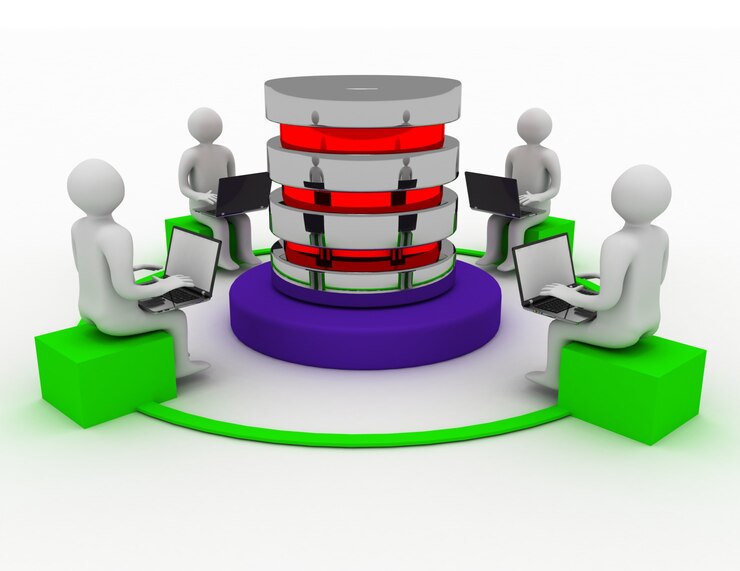 Foto hombre 3d con ordenador portátil conectado al servidor de datos. concepto de datos