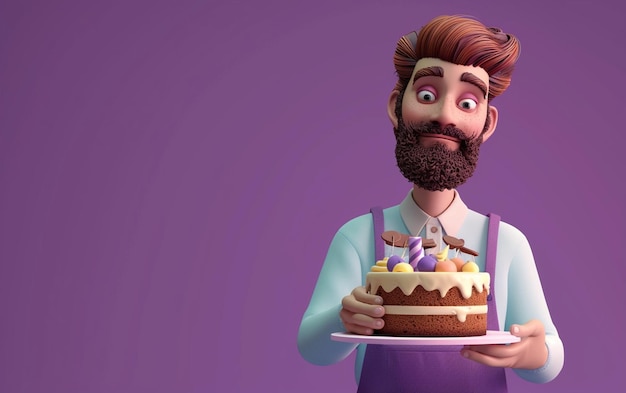 Hombre 3D con pastel que muestra postre en fondo de color sólido Panadería o concepto de feliz cumpleaños Espacio