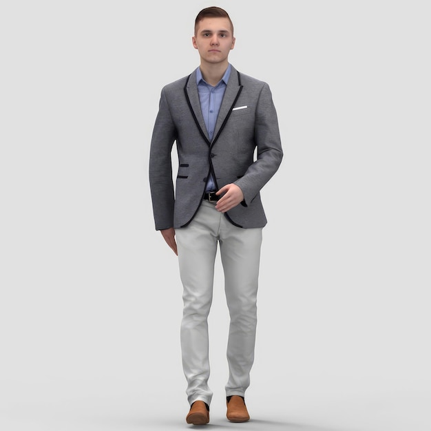 Hombre 3D realista en pose estática Joven empresario caminando en traje de oficina con traje gris