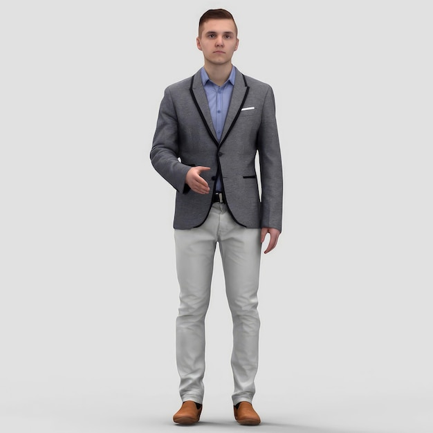 Hombre 3D realista en pose estática Joven empresario de pie en traje de oficina con traje gris