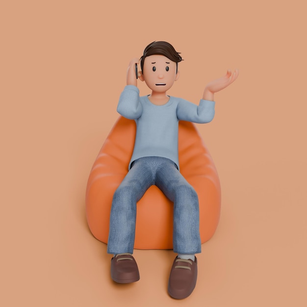 Hombre 3D sentado en una bolsa de frijoles sosteniendo un teléfono en el teléfono