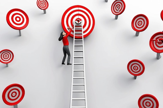 Hombre 3D subiendo una escalera al objetivo rojo en la palabra meta sobre fondo blanco concepto de negocio