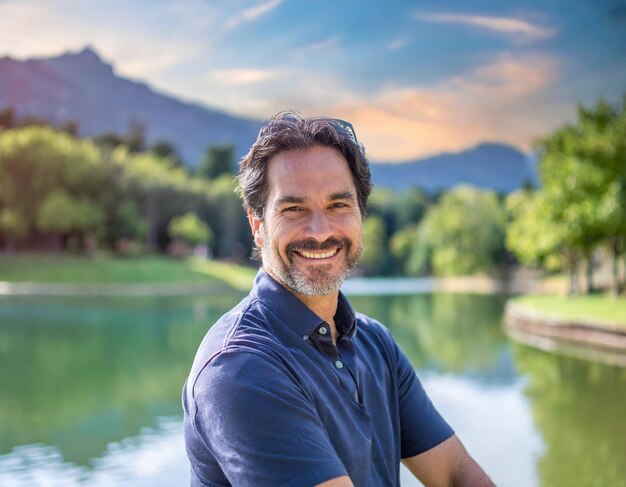 Hombre de 50 años felicidad en un hermoso parque natural cerca de un lago relajado y confiado