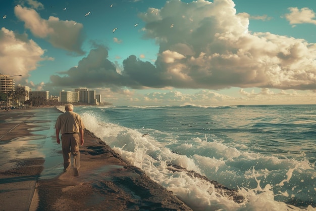 Foto hombre de 55 años camina a lo largo del dique en waikiki mirando las olas y los peces con nubes en el cielo