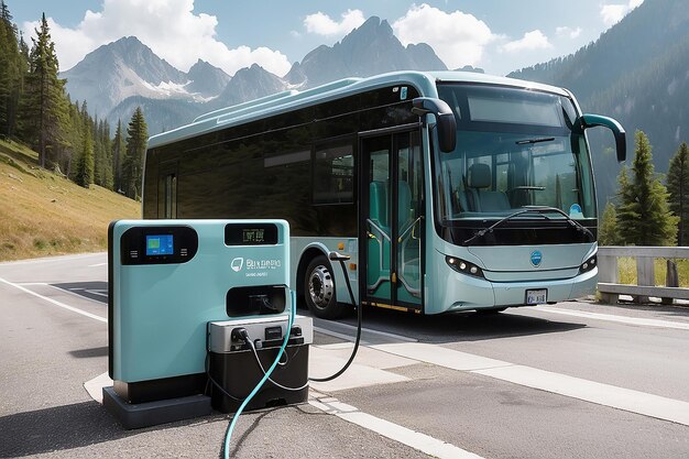 Foto hombre abordando un autobús en una estación de carga eléctrica en las montañas