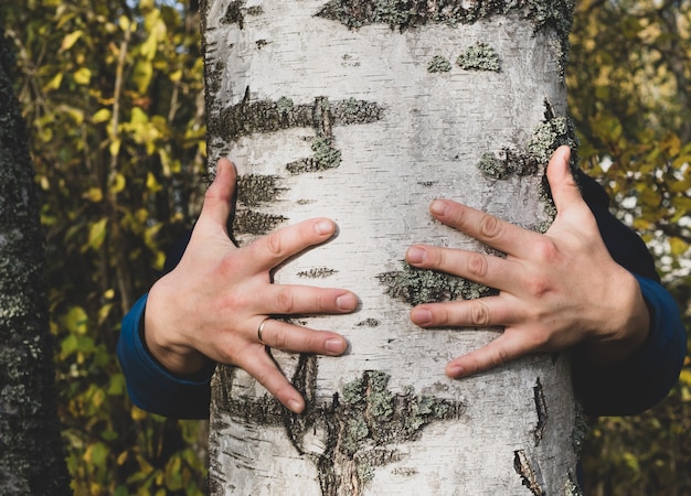 Foto un hombre abraza un árbol con amor, recibe energía de un árbol