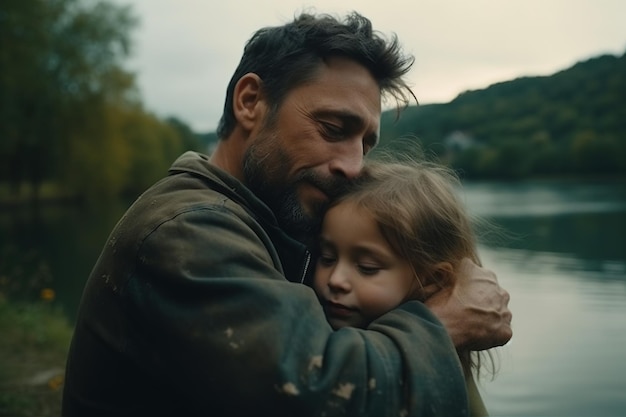 Un hombre abraza a una chica en la orilla de un río.