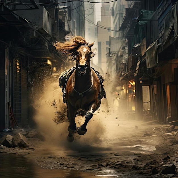 un hombre se abre camino por las calles con un caballo corriendo debajo de él en el estilo de movimiento dinámico