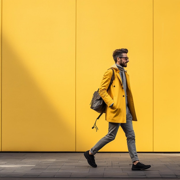 Hombre De Abrigo Amarillo Caminando Por La Calle