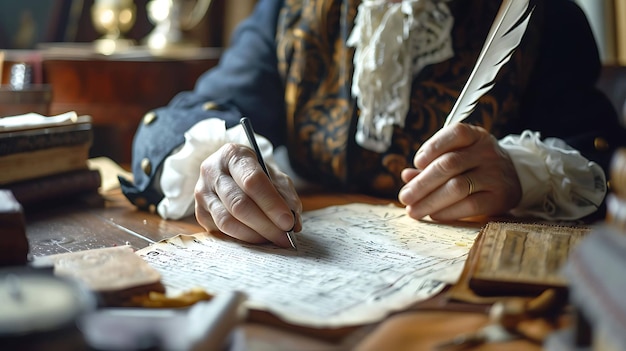 Un hombre con un abrigo azul y corbata blanca se sienta en un escritorio de madera escribiendo con una pluma de pluma está rodeado de libros y papeles