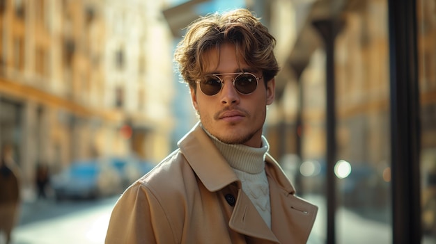 Un hombre con abrigo y gafas de sol caminando por la ciudad