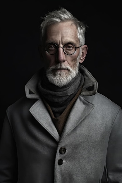 Un hombre con un abrigo gris y anteojos se para frente a un fondo negro.