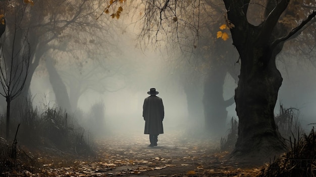 Un hombre con un abrigo gris y sombrero camina en un jardín mágico un parque de otoño con árboles estériles