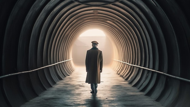 Un hombre con un abrigo largo entra en un túnel con luz al final.