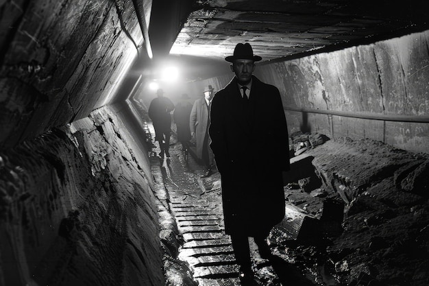 Un hombre con un abrigo largo y un sombrero caminando por un túnel