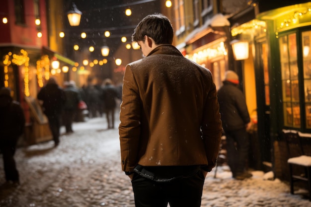 un hombre con un abrigo marrón de pie en el medio de una calle nevada