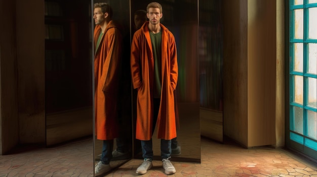 Foto un hombre con un abrigo naranja se para frente a un espejo.