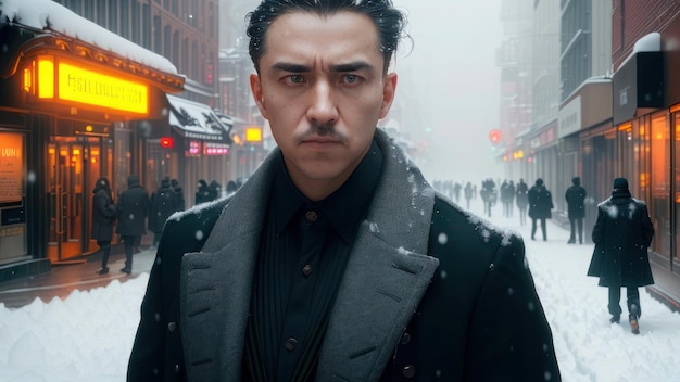 Un hombre con un abrigo negro se para en una calle nevada con un letrero que dice "el hombre en el medio"