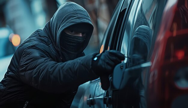 Un hombre con un abrigo negro está tratando de entrar en un coche