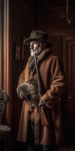 Un hombre con un abrigo de piel y un sombrero se para frente a una ventana.