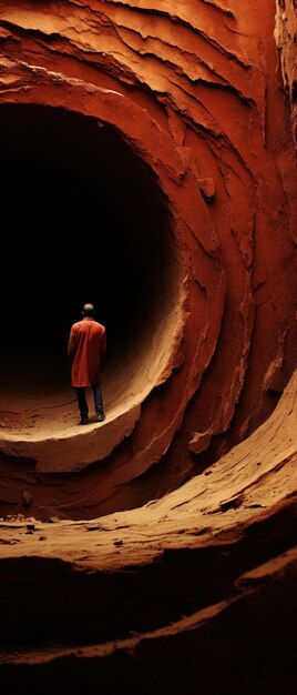 Foto un hombre con un abrigo rojo está de pie en una cueva mirando a una cueva