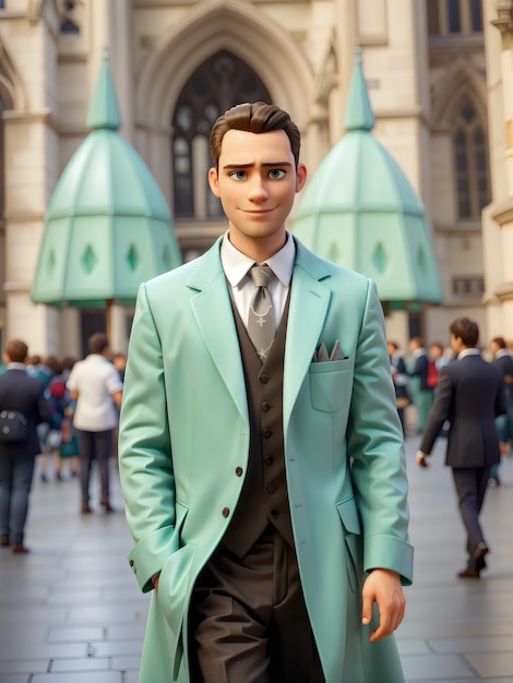 Hombre con abrigo verde, estilo de dibujos animados en 3D creado con IA generativa