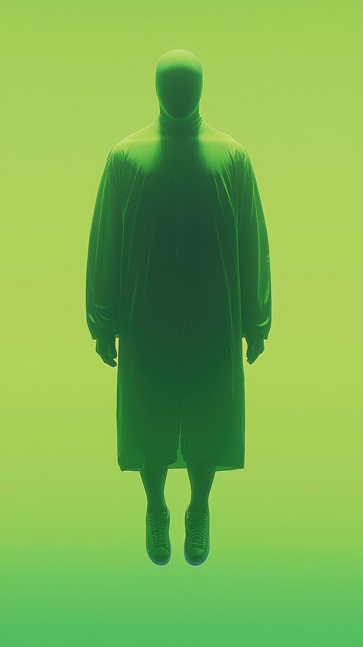 un hombre con un abrigo verde de pie frente a un fondo verde