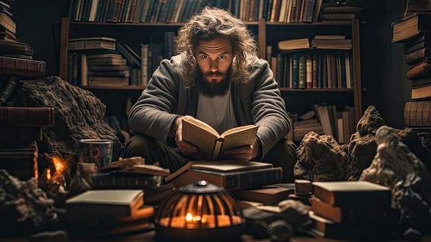 Un hombre absorto en un libro en una biblioteca tranquila absorto en el mundo de las palabras y las ideas Día Mundial del Libro