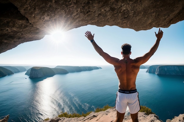 Foto un hombre se para en un acantilado con los brazos levantados en el aire, con el sol brillando sobre él.