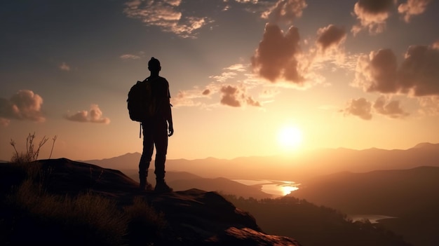 Un hombre se para en un acantilado mirando la puesta de sol.
