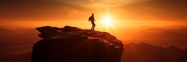 Un hombre se para en un acantilado con una puesta de sol de fondo.